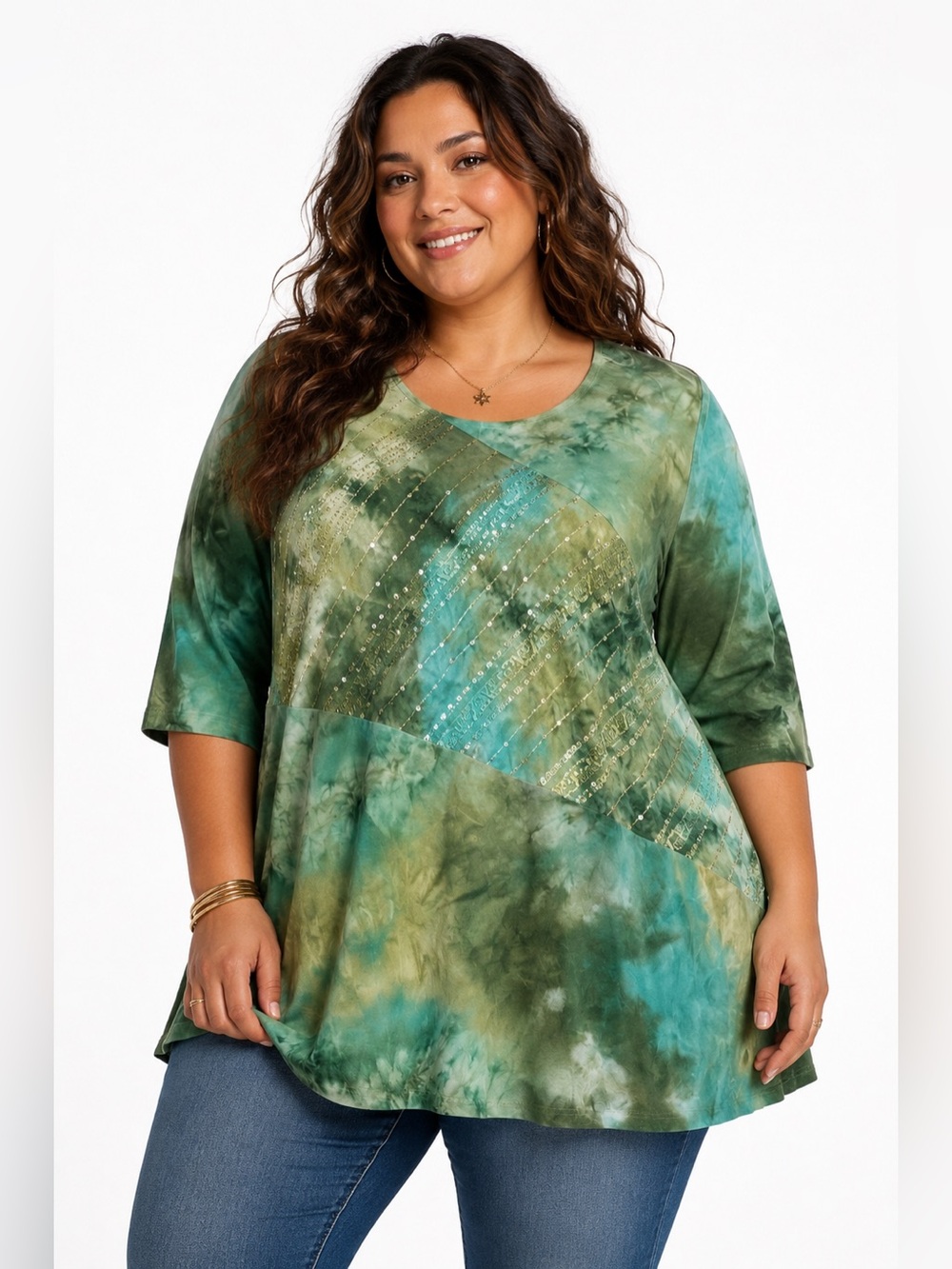 90s/Y2K Vintage Catherine’s Sequin Embroidery TieDye Tunic Top Green/Blue 2X